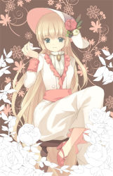 Rule 34 | 1girl, bad id, bad pixiv id, blonde hair, bonnet, flower, gosick, green eyes, hat, high heels, holding, holding smoking pipe, long hair, moai (aoh), rose, shoes, sitting, smoking pipe, solo, victorian, victorica de blois