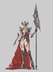 Rule 34 | 1girl, absurdres, armor, ballet boots, ballet heels, blonde hair, braid, breasts, cape, cleavage, collarbone, contrapposto, couter, gauntlets, helmet, highres, lipstick, long hair, makeup, navel, pauldrons, polearm, red lips, shoulder armor, simple background, single braid, single thighhigh, solo, standing, thighhighs, tuobi, weapon