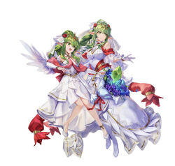 Rule 34 | 2girls, alternate costume, attack, bare shoulders, blue flower, bouquet, breasts, bridal legwear, bridal veil, choker, dragonstone, dress, dual persona, feather-trimmed dress, feather trim, female focus, fire emblem, fire emblem: mystery of the emblem, fire emblem awakening, fire emblem heroes, flower, frown, gloves, green eyes, green hair, high heels, high ponytail, holding, holding bouquet, matching hair/eyes, medium breasts, multiple girls, nintendo, official alternate costume, official art, open mouth, pointy ears, ponytail, red scarf, scarf, tiara, tiki (adult) (fire emblem), tiki (fire emblem), tiki (young) (fire emblem), v-shaped eyebrows, veil, wedding dress, white background, white choker, white dress, white footwear, white gloves