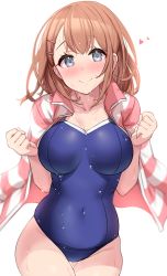 Rule 34 | 1girl, blue one-piece swimsuit, breasts, brown hair, clenched hands, closed mouth, collarbone, covered navel, gluteal fold, grey eyes, hair ornament, hairclip, hanasato minori, heart, highres, jacket, jacket on shoulders, kibihimi, large breasts, looking at viewer, one-piece swimsuit, open clothes, open jacket, project sekai, school swimsuit, short hair, simple background, smile, solo, striped clothes, striped jacket, swimsuit, thigh gap, wet, wet clothes, wet swimsuit, white background