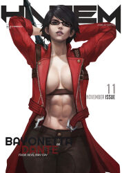 Rule 34 | 1girl, abs, absurdres, bayonetta, bayonetta (series), bayonetta 2, black hair, breasts, coat, cosplay, crossover, dante (devil may cry), dante (devil may cry) (cosplay), devil may cry, devil may cry (series), devil may cry 3, glasses, highres, jacket, large breasts, lips, lipstick, looking at viewer, makeup, mole, mole under mouth, monori rogue, muscular, muscular female, navel, red coat, short hair, simple background, solo, sword, weapon