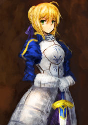Rule 34 | 1girl, ahoge, armor, armored dress, artoria pendragon (fate), bad id, bad pixiv id, blonde hair, cowboy shot, excalibur (fate/stay night), fate/stay night, fate (series), faulds, gauntlets, green eyes, hair ribbon, hands on hilt, highres, hone (sss-sig), puffy sleeves, ribbon, saber (fate), solo, sword, weapon