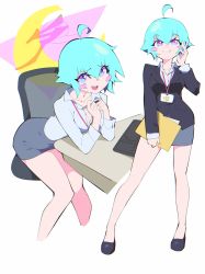 Rule 34 | 1girl, :d, absurdres, aetherion, ahoge, aqua eyes, aqua hair, bare legs, black footwear, blush stickers, breasts, chair, cleavage, closed mouth, cropped legs, desk, formal, full body, grey skirt, highres, keyboard (computer), leaning forward, medium breasts, multicolored eyes, multiple views, office chair, office lady, open mouth, original, pink eyes, shirt, short hair, simple background, skirt, skirt suit, smile, space girl (aetherion), standing, suit, swivel chair, white background, white shirt