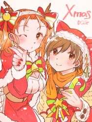 Rule 34 | 1boy, 1girl, blush, breasts, christmas, cleavage, closed mouth, dragon quest, dragon quest viii, dress, earrings, hero (dq8), jessica albert, jewelry, large breasts, long hair, looking at viewer, nail polish, simple background, siroirohituji, smile, twintails