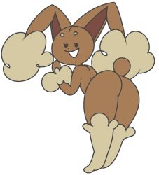Rule 34 | . ., 1girl, ass, bent over, black eyes, body fur, brown fur, creatures (company), female focus, flat color, from behind, full body, furry, furry female, game freak, gen 4 pokemon, grin, hand up, happy, jaggy lines, legs together, looking at viewer, looking back, lopunny, nintendo, pokemon, pokemon (creature), rabbit ears, rabbit girl, rabbit tail, smile, solo, standing, teeth, vilepluff
