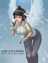 Rule 34 | 1girl, absurdres, angel, angel wings, azazel (helltaker), black hair, blue eyes, breasts, edward5472, feathered wings, gloves, grey pants, hair ribbon, halo, helltaker, highres, holding, holding notepad, large breasts, looking at viewer, notepad, open mouth, pants, ribbon, shirt, short hair, short sleeves, smile, white gloves, white shirt, white wings, wings