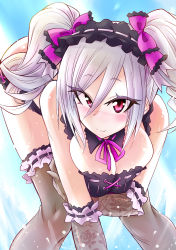 Rule 34 | 1girl, bare shoulders, bent over, breast hold, breasts, cleavage, elbow gloves, eyelashes, gloves, hair ornament, highres, idolmaster, idolmaster cinderella girls, kanzaki ranko, kobayashi tetsuya, large breasts, looking at viewer, outdoors, purple hair, red eyes, short hair, short twintails, solo, summer, thighhighs, twintails, water, wet