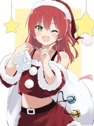 Rule 34 | + +, 1girl, ;d, bare shoulders, belt, black belt, blush, bocchi the rock!, christmas, collarbone, commentary request, cowboy shot, fang, fur-trimmed headwear, fur-trimmed skirt, fur trim, gift bag, green eyes, hat, highres, index finger raised, kita ikuyo, long hair, looking at viewer, midriff, navel, one eye closed, one side up, open mouth, pom pom (clothes), rauto, red hair, red hat, red skirt, santa costume, santa hat, short sleeves, skin fang, skirt, smile, solo, star (symbol), stomach