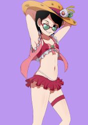 Rule 34 | 1girl, absurdres, armpits, arms behind head, arms up, beads, bikini, black eyes, black hair, boruto: naruto next generations, boruto: naruto the movie, bow, breasts, collarbone, flower, green-tinted eyewear, green-tinted glasses, grin, hat, hat flower, heart, highres, looking at viewer, looking over eyewear, looking over glasses, naruto, naruto (series), navel, one eye closed, open clothes, open vest, pink vest, purple background, red bikini, red skirt, short hair, skirt, small breasts, smile, standing, straw hat, sun hat, sunglasses, swimsuit, teeth, thigh strap, third-party edit, tinted eyewear, uchiha sarada, vest, white bikini, wink