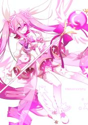Rule 34 | 1girl, absurdres, aisha landar, back bow, bing zizi, boots, bow, character name, curly hair, dress, elsword, full body, hair ornament, highres, long hair, magical girl, metamorphy (elsword), pink eyes, pink hair, pink theme, purple bow, sidelocks, simple background, smile, solo, staff, star (symbol), star in eye, symbol in eye, thigh boots, thighhighs, twintails, white background, white bow, white dress, white footwear, white wings, wings, zettai ryouiki