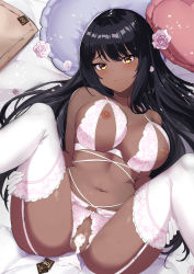 Rule 34 | 1girl, absurdres, after vaginal, aftersex, black hair, blue archive, blush, bra, breasts, censored, cum, cum in pussy, cupless bra, dark-skinned female, dark skin, elbow gloves, functionally nude, garter belt, garter straps, gloves, hair between eyes, hair down, highres, karin (blue archive), lace, lace-trimmed legwear, lace trim, large breasts, lingerie, long hair, lying, nipples, pussy, shinalpha, smile, solo, split mouth, spread legs, thighhighs, thighs, underwear, white thighhighs, yellow eyes