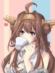 Rule 34 | 1girl, ahoge, blush, brown hair, commentary request, cup, detached sleeves, double bun, drinking, eyelashes, hair bun, hairband, highres, holding, holding cup, kantai collection, kongou (kancolle), kongou kai ni (kancolle), long hair, nyankomaou, purple eyes, solo, striped, striped background, teacup, upper body