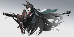 1girl animal_ear_fluff animal_ears black_hair black_pantyhose black_skirt breasts bright_pupils chinese_commentary closed_mouth commentary_request fox_ears fox_girl from_side full_body gauntlets gradient_background grey_background hair_ornament hair_spread_out heitian_keji highres hoshimi_miyabi katana large_breasts long_hair looking_at_viewer making-of_available no_shoes pantyhose red_eyes scabbard sheath sheathed shirt single_gauntlet skirt solo sword very_long_hair weapon white_pupils white_shirt wide_shot zenless_zone_zero