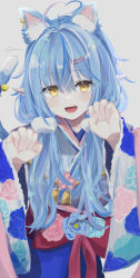 Rule 34 | 1girl, :d, absurdres, ahoge, animal ear fluff, animal ears, bell, blue flower, blue hair, blue kimono, blush, bow, cat ears, cat tail, commentary request, earrings, extra ears, flat color, floral print, flower, grey background, hair between eyes, hair ornament, hairpin, heart, heart ahoge, highres, hololive, huge filesize, japanese clothes, jewelry, jingle bell, kimono, long hair, looking at viewer, low twintails, open mouth, pink flower, pointy ears, prelude ls, red bow, rose, simple background, single earring, smile, solo, tail, twintails, upper body, virtual youtuber, wide sleeves, yellow eyes, yukihana lamy, yukihana lamy (new year)
