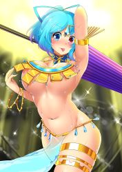 Rule 34 | 1girl, alternate breast size, alternate costume, alternate hairstyle, areola slip, arm up, armlet, armpits, belly, blue eyes, blue hair, blush, bouncing breasts, bracelet, breasts, cleavage, closed umbrella, cowboy shot, dancer, dancing, detached collar, forehead jewel, gradient hair, hatchet, heterochromia, highres, hitotsuki nebura, jewelry, large breasts, looking at viewer, matching hair/eyes, multicolored hair, navel, no bra, nose blush, oil-paper umbrella, pelvic curtain, ponytail, purple hair, red eyes, revealing clothes, sarong, see-through, short hair, solo, sparkle, sweat, tatara kogasa, thighlet, tongue, tongue out, touhou, two-tone hair, umbrella, underboob
