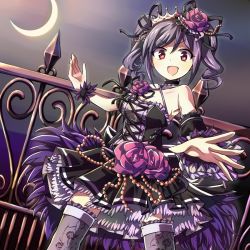 Rule 34 | &gt;:d, 10s, 1girl, :d, breasts, crescent moon, floral print, flower, frills, gagaga, idolmaster, idolmaster cinderella girls, kanzaki ranko, looking at viewer, moon, open mouth, outstretched hand, patterned legwear, print thighhighs, rose, smile, solo, thighhighs, twintails, v-shaped eyebrows