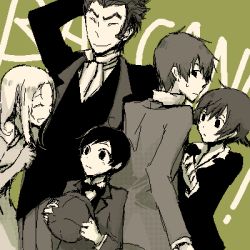 Rule 34 | 00s, 2girls, 3boys, :o, ^ ^, age difference, baccano!, closed eyes, czeslaw meyer, ennis, firo prochainezo, formal, green background, green theme, height difference, isaac dian, long sleeves, lowres, miria harvent, monochrome, multiple boys, multiple girls, oekaki, parted lips, short hair, sidelocks, simple background, suit, surprised, upper body, wide-eyed