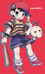 Rule 34 | 1boy, asymmetrical arms, backpack, bag, baseball bat, baseball cap, belt, black hair, black wristband, blue eyes, blue shorts, bow, buckle, denim, denim shorts, doseisan, hat, holding, leather belt, male focus, mother (game), mother 2, ness (mother 2), nintendo, open mouth, pointing, pointing up, red bow, red footwear, red headwear, shirt, shoes, short hair, shorts, smile, sneakers, socks, solo focus, standing, striped clothes, striped shirt, t-shirt, ttnoooo, vertical-striped clothes, vertical-striped shirt, white socks, wristband