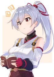 Rule 34 | :&lt;, black undershirt, book, breasts, commentary request, detached sleeves, fate/grand order, fate (series), gloves, hair between eyes, hair ribbon, highres, holding, holding book, large breasts, long hair, mitsudomoe (shape), obi, ponytail, reading, red eyes, red gloves, red ribbon, ribbon, sash, silver hair, single detached sleeve, solo, tapioka (oekakitapioka), tomoe (symbol), tomoe gozen (fate), turtleneck, white background