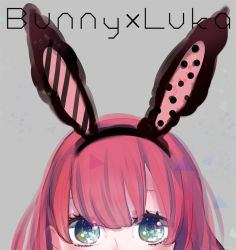 Rule 34 | 1girl, animal ears, ayatoto, english text, green eyes, grey background, long hair, looking at viewer, megurine luka, piapro, portrait, rabbit ears, red hair, simple background, solo, vocaloid