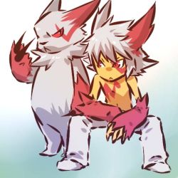 Rule 34 | 00s, 1boy, :&lt;, creatures (company), detached sleeves, game freak, gen 3 pokemon, hitec, male focus, moemon, nintendo, personification, pokemon, pokemon (creature), pokemon rse, red eyes, red hair, sitting, spiked hair, tattoo, topless male, white hair, zangoose