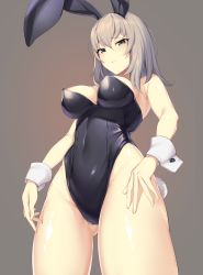Rule 34 | 10s, 1girl, alternate costume, animal ears, bare shoulders, black legwear, blue eyes, blush, breasts, closed mouth, commentary request, covered navel, fake animal ears, girls und panzer, highleg, highleg leotard, highres, icomochi, itsumi erika, leotard, looking at viewer, medium breasts, playboy bunny, rabbit ears, rabbit tail, shiny skin, short hair, silver hair, simple background, solo, standing, tail, wrist cuffs