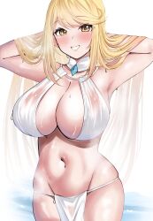 Rule 34 | 1girl, alternate costume, arms behind head, bathing, blonde hair, blush, breasts, cleavage, commentary, fundoshi, hair lift, highres, japanese clothes, large breasts, long hair, looking at viewer, mythra (xenoblade), navel, parted lips, simple background, smile, solo, swept bangs, tf cafe, very long hair, wading, wet, xenoblade chronicles (series), xenoblade chronicles 2, yellow eyes