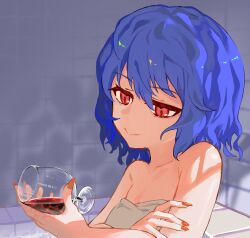 Rule 34 | 1girl, absurdres, alcohol, ayo rimaisu, bath, blue hair, closed mouth, collarbone, cup, drinking glass, fingernails, hair between eyes, highres, long fingernails, nail polish, naked towel, no headwear, red eyes, red nails, remilia scarlet, sharp fingernails, solo, touhou, towel, upper body, wine, wine glass