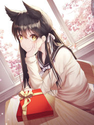 Rule 34 | 1girl, absurdres, animal ears, atago (azur lane), atago (school traumerei) (azur lane), azur lane, backlighting, black hair, black sailor collar, blush, cherry blossoms, closed mouth, collarbone, desk, dutch angle, fox ears, gift, giving, hand on own face, head rest, highres, holding, holding gift, hyangu, looking at viewer, on chair, sailor collar, school uniform, shirt, sidelocks, sitting, smile, solo, valentine, window, yellow eyes, yellow shirt
