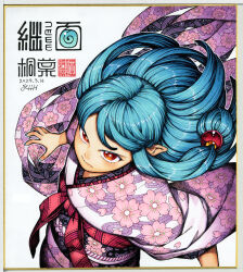 Rule 34 | 1girl, beads, blue hair, blue nails, character name, cherry blossom print, commentary request, copyright name, dated, floral print, from above, hair beads, hair ornament, hamada yoshikazu, highres, japanese clothes, kimono, kiriha (tsugumomo), long hair, looking at viewer, looking up, nail polish, obi, pointy ears, print kimono, red eyes, sash, serious, shikishi, signature, simple background, solo, traditional media, tsugumomo, white background