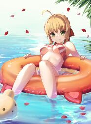 Rule 34 | 1girl, absurdres, ahoge, bare shoulders, bikini, blonde hair, breasts, commentary, fate/grand order, fate (series), floating, green eyes, hair intakes, hair ribbon, highres, innertube with ears, knees together feet apart, looking at viewer, medium breasts, nero claudius (fate), nero claudius (fate) (all), nero claudius (swimsuit caster) (fate), orange innertube, outdoors, parted lips, petals, petals on liquid, red ribbon, ribbon, rose petals, side-tie bikini bottom, sitting, smile, soaking feet, solo, striped bikini, striped clothes, swimsuit, taka.yana, underboob, water
