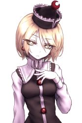 Rule 34 | 1girl, black hat, black vest, blonde hair, buttons, crescent, earrings, expressionless, eyebrows, frilled hat, frilled shirt collar, frills, hair between eyes, hat, head tilt, jewelry, long sleeves, lunasa prismriver, miata (miata8674), pale skin, shirt, short hair, simple background, solo, touhou, vest, white background, white shirt, yellow eyes