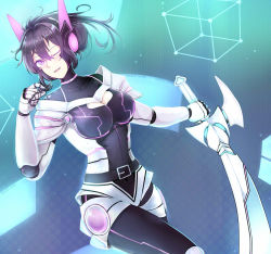 Rule 34 | 1girl, ;d, ahoge, armor, backlighting, bad id, bad pixiv id, beifeng han, belt, belt buckle, blush, bodysuit, breasts, buckle, cleavage, cleavage cutout, clothing cutout, collarbone, covered navel, cube, fang, foreshortening, glowing, glowing eye, hair between eyes, twirling hair, headgear, hexagon, highres, holding, holding sword, holding weapon, honeycomb (pattern), honeycomb background, leg up, long hair, looking at viewer, medium breasts, miyaura sanshio, one eye closed, open mouth, original, outstretched arm, ponytail, purple eyes, purple hair, shoulder pads, skin tight, smile, standing, standing on one leg, sword, unsheathed, weapon