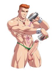 Rule 34 | 1boy, abs, absurdres, bara, clothing aside, cocktail shaker, commission, cum, dc comics, ejaculation, erection, green eyes, green lantern (series), green male underwear, guy gardner, highres, jewelry, large pectorals, looking at viewer, male focus, male underwear, male underwear aside, muscular, muscular male, navel, necklace, nipples, orange hair, pectorals, penis, ring, sgt crisis, short hair, smile, solo, testicles, thick thighs, thighs, thong, uncensored, undercut, underwear, wrist cuffs