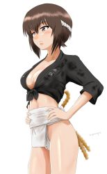 Rule 34 | 1girl, blush, breasts, brown eyes, brown hair, cameltoe, cleavage, closed mouth, collarbone, fundoshi, girls und panzer, hands on own hips, highres, hiyama yuu (wee259hiyama), japanese clothes, medium breasts, nishizumi maho, no bra, shiny skin, short hair, simple background, solo, standing, white background