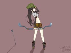 Rule 34 | 1girl, ankle boots, arrow (projectile), bad id, bad pixiv id, bike shorts, black hair, black socks, boots, bow (weapon), brown eyes, dated, from behind, full body, hand on headwear, hat, hunter (ragnarok online), kurono yuu, long hair, long sleeves, looking back, midriff, planted, planted arrow, pointy ears, profile, ragnarok online, short shorts, shorts, simple background, socks, solo, weapon