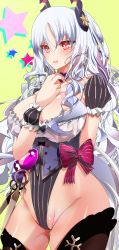 Rule 34 | 1girl, arm behind back, black thighhighs, blush, bow, breasts, caren hortensia, caren hortensia (amor caren), caren hortensia (amor caren) (third ascension), cleavage, corset, fate/grand order, fate (series), frills, hair ornament, highleg, highleg leotard, highres, large breasts, leotard, long hair, looking at viewer, open mouth, pink bow, pink eyes, puffy short sleeves, puffy sleeves, short sleeves, smile, star (symbol), thighhighs, thighs, very long hair, wavy hair, white hair, wrist cuffs, yahoo0124, yellow background