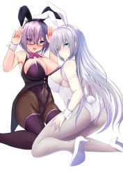 Rule 34 | 2girls, anastasia (fate), animal ears, bare shoulders, black leotard, blue eyes, blush, boots, bow, bowtie, breasts, checkered floor, cleavage, detached collar, fake animal ears, fate/grand order, fate (series), fishnet pantyhose, fishnets, glasses, hair between eyes, high heels, highres, large breasts, leotard, long hair, looking at viewer, mash kyrielight, multiple girls, okatora, open mouth, pantyhose, playboy bunny, purple eyes, purple hair, rabbit ears, rabbit tail, seiza, short hair, silver hair, simple background, sitting, sky, star (sky), starry sky, tail, thigh boots, thighhighs, white background, white leotard, wrist cuffs