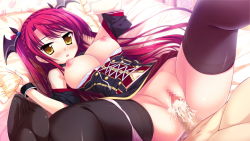 Rule 34 | 1girl, bed, black thighhighs, blush, breasts, breasts out, censored, cum, cum in pussy, dress, game cg, long hair, looking at viewer, luce yami asutarite, lying, magical marriage lunatics!!, nipples, on back, open mouth, panties, panties around leg, penis, pillow, pink panties, pussy, red hair, sex, spread legs, thighhighs, underwear, vaginal, yamakaze ran, yellow eyes