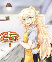Rule 34 | 1girl, apron, aqua eyes, blonde hair, blush, food, girls&#039; frontline, highres, long hair, messy hair, nakaryo0404, open mouth, pizza, s.a.t.8 (girls&#039; frontline), smile, solo, very long hair
