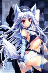 Rule 34 | 1girl, absurdres, animal ears, arm up, ass, bare shoulders, black bra, black thighhighs, blue hair, blunt bangs, bra, breasts, checkered background, detached sleeves, eyelashes, fox ears, fox tail, hat, highres, izumi tsubasu, lace, long hair, looking at viewer, midriff, parted lips, pink eyes, scan, shadow, shirt, short shorts, shorts, solo, star (symbol), starry background, tail, taut clothes, taut shirt, thighhighs, torn clothes, torn shirt, tsurime, underboob, underwear