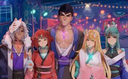Rule 34 | 2boys, 3girls, alternate costume, alvis (xenoblade), black hair, blonde hair, breasts, chest jewel, choker, closed eyes, festival, fish, food, fox mask, goldfish, green eyes, green hair, grin, height difference, japanese clothes, kimono, large breasts, looking at viewer, malos (xenoblade), mask, matching hair/eyes, multiple boys, multiple girls, mythra (xenoblade), night, nintendo, pectoral cleavage, pectorals, pneuma (xenoblade), pocky, purple eyes, pyra (xenoblade), qvoro, red hair, red kimono, sarashi, silver hair, smile, spoilers, swept bangs, white kimono, xenoblade chronicles (series), xenoblade chronicles 1, xenoblade chronicles 2, yellow eyes