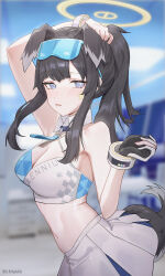 Rule 34 | 1girl, animal ears, arm up, bare shoulders, black hair, blue archive, blue eyes, blush, breasts, cheerleader, chilakkk, criss-cross halter, crop top, dog ears, dog girl, dog tail, eyewear on head, goggles, goggles on head, halo, halterneck, hibiki (blue archive), hibiki (cheer squad) (blue archive), highres, long hair, looking at viewer, medium breasts, midriff, navel, official alternate costume, ponytail, sidelocks, skirt, solo, stomach, sunglasses, tail