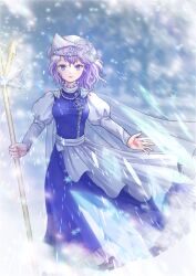 Rule 34 | 1girl, hat, highres, holding, holding staff, ice, kyabekko, letty whiterock, light purple hair, long sleeves, looking at viewer, perfect cherry blossom, purple eyes, scarf, snow, snowflakes, snowing, staff, tiara, touhou, white hat, white scarf, wind