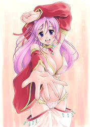 Rule 34 | 1girl, bare shoulders, blue eyes, blush, bra, breasts, cameltoe, cleavage, covered erect nipples, dancer, detached sleeves, gypsy, gypsy (ragnarok online), highres, hip focus, jewelry, kuboshun, lingerie, long hair, lots of jewelry, medium breasts, necklace, open mouth, panties, pink bra, pink panties, purple hair, ragnarok online, solo, source request, standing, thighhighs, thong, underwear