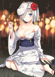 Rule 34 | 10s, 1girl, blue eyes, blush, breasts, cleavage, female focus, flower, gradient background, grass, hair flower, hair ornament, hair over one eye, hamakaze (kancolle), ikayaki, japanese clothes, kantai collection, kimono, large breasts, mask, off shoulder, sandals, sash, short hair, silver hair, sitting, solo, sousouman, squid, wariza, yukata