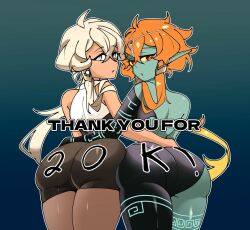 Rule 34 | 2girls, ahoge, ass, ass-to-ass, bare shoulders, blonde hair, blue background, blue eyes, colored sclera, colored skin, cosplay, crossed bangs, dark-skinned female, dark skin, gradient background, green skin, long hair, looking at viewer, looking back, midna, midna (cosplay), milestone celebration, multiple girls, orange hair, original, parted lips, red eyes, rhymewithray, ruth (rhymewithray), shirt, shorts, simple background, sleeveless, sleeveless shirt, thank you, white shirt, yellow sclera