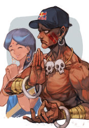 Rule 34 | 1boy, 1girl, baseball cap, bindi, blank eyes, capcom, character request, cropped torso, dark-skinned male, dark skin, dhalsim, earrings, closed eyes, facepaint, frown, hat, hoop earrings, hungry clicker, jewelry, necklace, own hands together, red bull, skull necklace, smile, solo, street fighter, white background