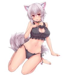 Rule 34 | 1girl, amane hasuhito, animal ears, bad id, bad pixiv id, bare shoulders, barefoot, bell, neck bell, black bra, black panties, blush, bra, breasts, cat cutout, cat ear panties, cat lingerie, cleavage, cleavage cutout, clothing cutout, collar, collarbone, d:, full body, hand on own chest, inubashiri momiji, jingle bell, large breasts, looking at viewer, meme attire, navel, open mouth, panties, red eyes, short hair, side-tie panties, simple background, sitting, solo, tail, touhou, underwear, underwear only, wariza, white background, white hair, wolf ears, wolf tail