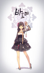 Rule 34 | 1girl, amulet, arm up, black hair, brown eyes, collarbone, cropped jacket, dress, floral print, full body, gradient background, hair ribbon, hanbok, korean clothes, korean text, long hair, looking at viewer, open mouth, original, ribbon, see-through, slippers, solo, standing, strapless, strapless dress, translation request, white background, yohan12